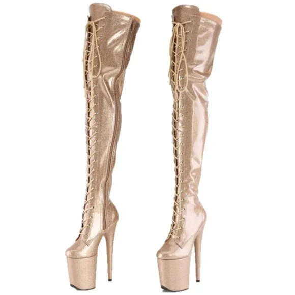 Gold Glitter Patent 3020 Lace Up Thigh High Platform Boots Flamingo 8" Heels - Picture 3 of 10